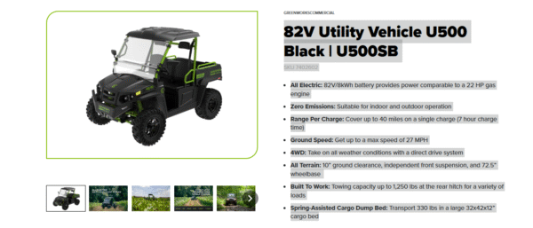 Greenworks Commercial 82V Utility Vehicle U500 Black - Image 4